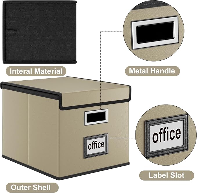 File Organizer Box with Lids, Collapsible File Folder Organizer | File Box with Plastic Slides for Document, Filing Bin for Letter Size Hanging File Folders (1 Pack, Khaki, Leather)