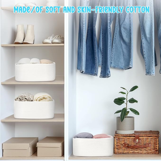 3-Pack Storage Baskets for Organizing | Woven Shelf Toy Basket | Rope Baskets for Gifts Empty | Closet Organizer Bins with Handles | Cube Decorative Box | 13.7×7.1×6.7” | White