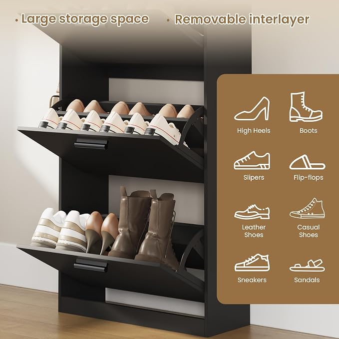 Shoe Cabinet Organizer with 3 Flip Drawers,Narrow Shoe Rack 23.6" W White | Freestanding shoe storage cabinet for entryway,foyer and hallway,slim design and space-saving flip drawers