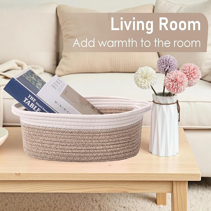 JMvicyroam Small Woven Basket, Empty Gift Basket, White&Oatmeal/3 Pack | Small Gift Basket, Cotton Rope, 12 x 8 x 74 in, Handles, Includes Ribbon and Bag, Birthday Gift Basket