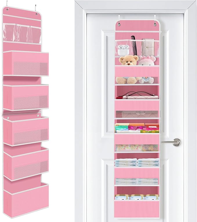 Over the Door Organizer, Large Pocket Hanging Storage with 40lb Capacity | Space Saving Door Storage for Nursery, Bathroom, Bedroom and Closet, Baby Essentials and Toiletry Organizer, Pink