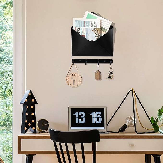 Metal Mail Envelope Holder Wall Mounted Hanging Envelope Decor Mail Organizer Holder and a Row Hook for Home Or Office