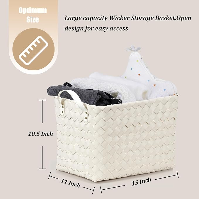 Handwoven Clothes Basket Laundry Hampers Large Wicker Storage Baskets for Shelves Blankets Closet Storage Bins Car Bedroom Bathroom Organizers and Storage Bath (Pack of 4, Ivory)