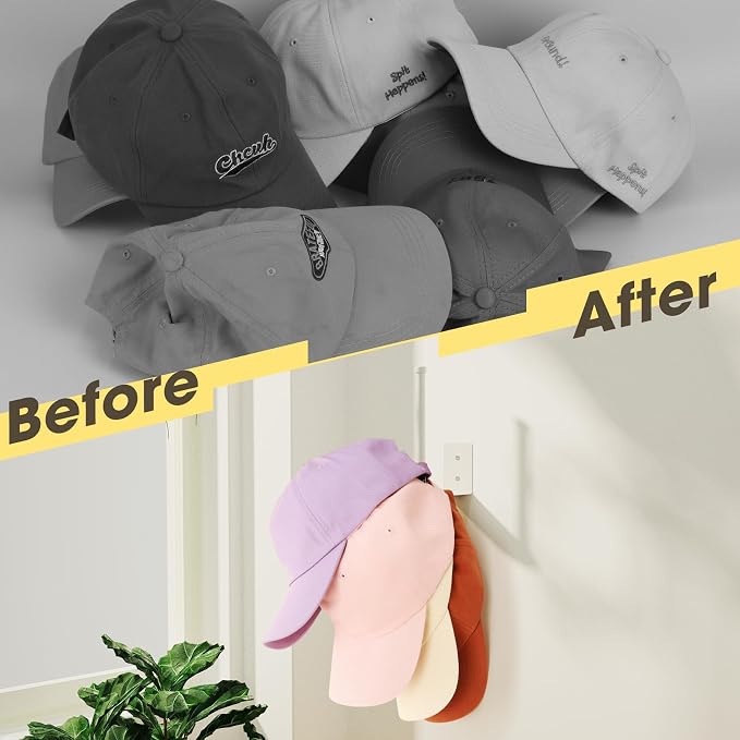 Durmmur Stainless Steel Hat Organizer, Hat Rack for Wall,Each Holds 15 Hats | 4P Strong Adhesive/Wall Drilled Hat Holder, Hat Hooks, Hat Hanger Baseball Cap Organizer for Door,Bedroom,Closet(White 6 in)