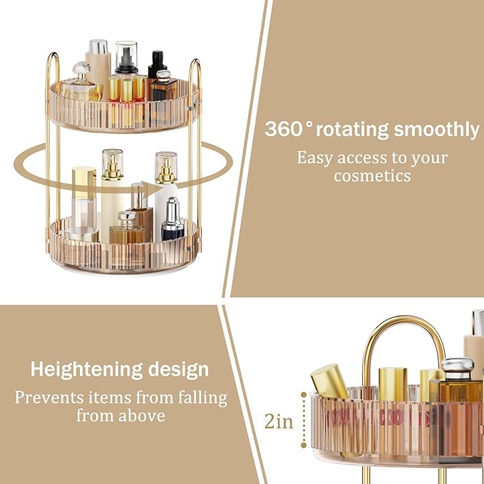 MOKANI 360 Rotating Makeup Organizer for Vanity, 2 Tier Perfume Organizer | Adjustable Multi-Function Spinning Cosmetics Skincare Storage for Bedroom, Dresser, Countertop, Amber
