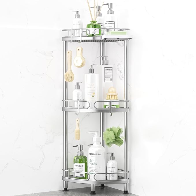 SWTYMIKI Corner Shower Caddy Standing - 3 Tier Rustproof Metal Shower Organizer Stand with Soap Holder and 4 Hooks, Freestanding Floor Shower Storage Stands for Bathroom, Silver
