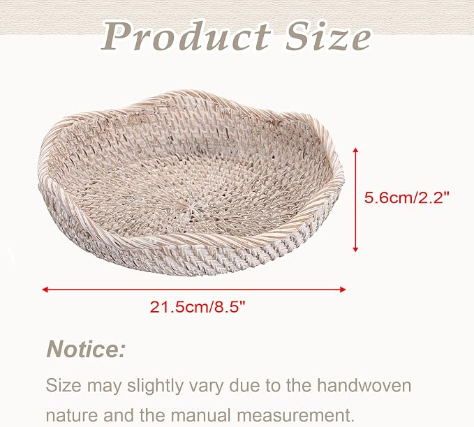 Hipiwe Decorative Key Tray Rattan Storage Bowl Food Serving Basket for Fruit Bread Candy Handwoven Basket Tray for Entryway Table Kitchen, Whitewash 8.5 Inch