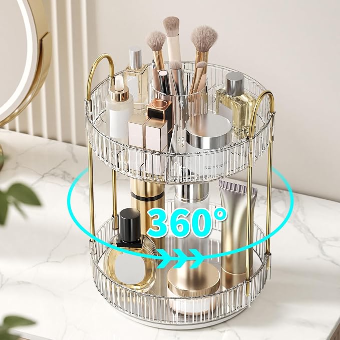360° Rotating Makeup Organizer, Large-Capacity Skincare Make Up Storage 2 Tier Perfume Organizers Cosmetic Dresser Organizer with Makeup Brush Holder, Fits Bedroom, Bathroom, Vanity Shelf Countertop