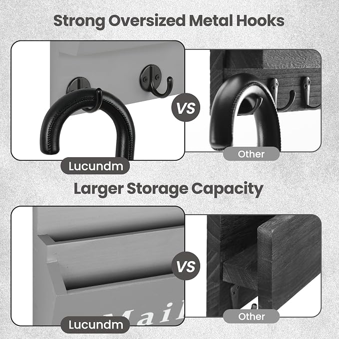 Mail and Key Holder, Wall Key Holder with 2 Mail Organizer Slot and 3 Hooks | Decorative 8.86" x 11.42" Mail Holder, Real Paulownia Wood with Keyhole Brackets, Hardware and Instructions