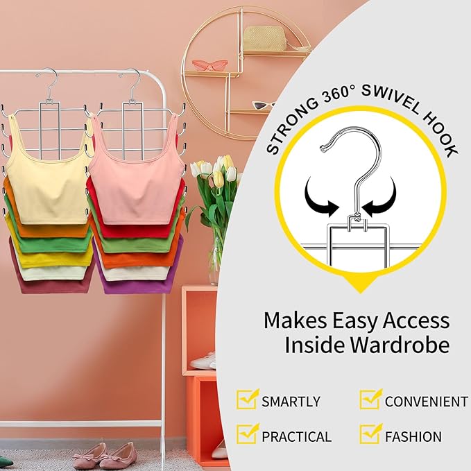Metal Tank Top Hanger 2 Pack, Space Saving Bra Organizer with 24 Easy Access Hooks, 360° Swivel Closet Organizers and Storage, Apartment College Dorm Room Essentials, Small Space Organization Solution | Space Saving Bra Organizer with 24 Access Hooks, ...