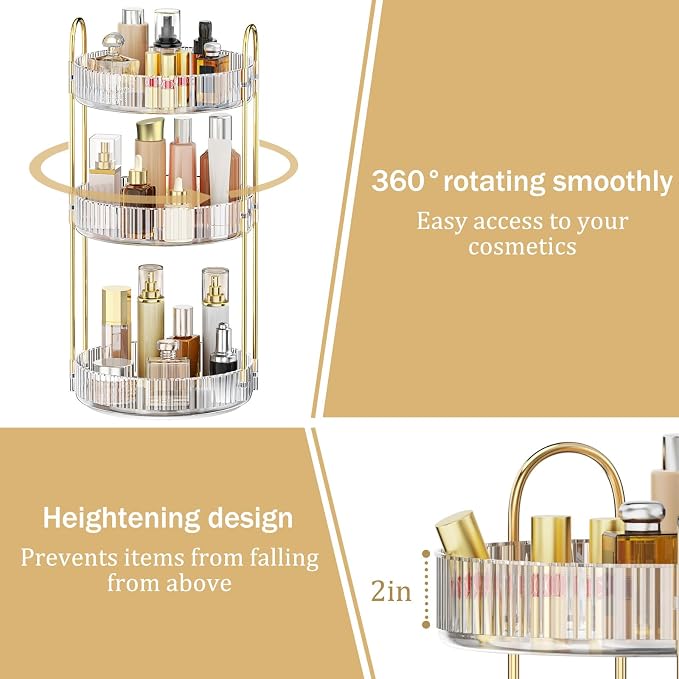 MOKANI 360 Rotating Makeup Organizer for Vanity, 3 Tier Perfume Organizer | Adjustable Multi-Function Spinning Cosmetics Skincare Storage for Bedroom, Dresser, Countertop, Clear