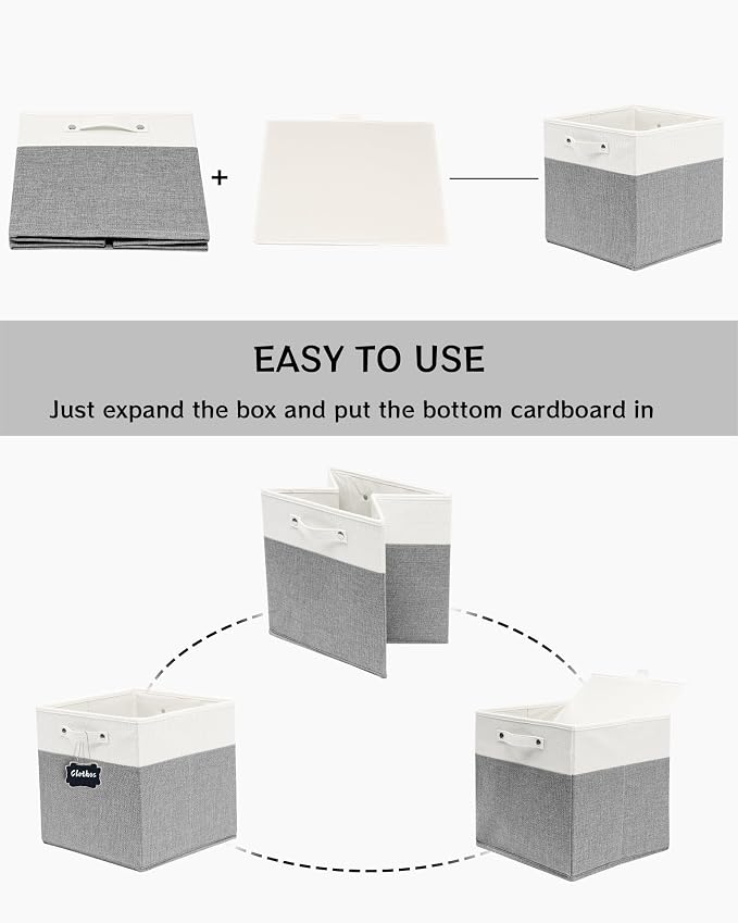 FinishingBo 13 inch Cube Storage Bins with Handles 4 Pack | Foldable Linen Storage Baskets, Closet Organizers, Shelf Baskets, White Grey