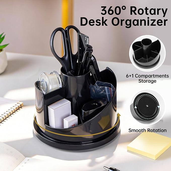 deli Office Supplies Set, Desk Accessory Organizer Kit, Black | Stationary Set, Desk Supplies with Rotating Multi-Functional Pen Holder &Stapler Set for Office, School, Home