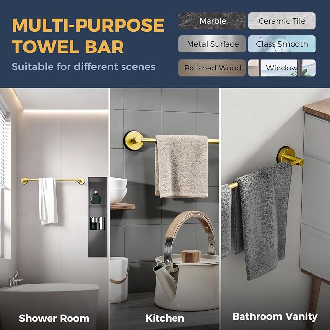 14.6inch~24inch Towel Racks for Bathroom,Adjustable Suction Cup Towel Bar for Bathroom Wall,Stainless Steel Bath Towel Holder for Shower(Brushed Gold)
