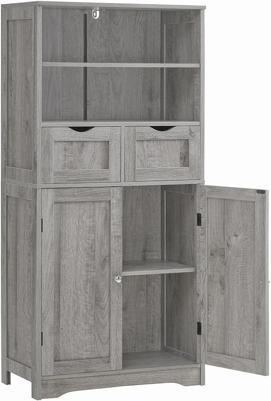Iwell Storage Cabinet with 2 Drawers & Adjustable Shelf, Tall Bathroom Cabinet with Doors, Cupboard, Kitchen Cabinets for Living Room, Dining Room, Entryway, Grey