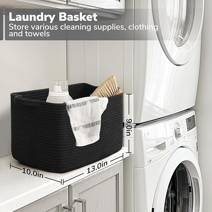 Goodpick Cotton Rope Storage Basket for Shelves, 13" x 10" x 9", Black | Gift Basket for Books, Toys & Towels Storage, Living Room & Bedroom Organization, Built-In Handles, Stylish Home Decor