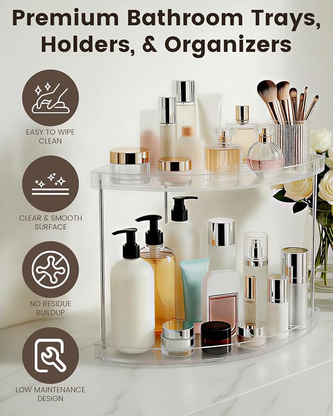2 Tier Bathroom Counter Organizer, Clear Vanity Shelf Organizer for Skincare & Perfume, Non-Slip Bathroom Counter Shelf for Small Spaces, Bathroom Vanity Organizer Countertop (Triangular)