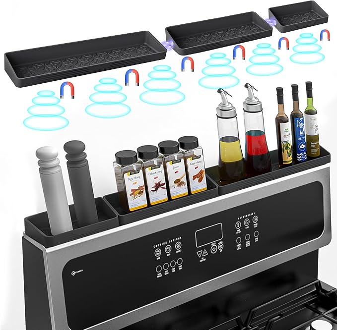 Foeacry Magnetic Stove Top Shelf 30"/24"/20", 3-Piece Silicone Over the Stove Shelf Spice Rack & Spice Organizer — Heat Resistant, No Drill Kitchen Storage Organizer for Gas & Electric Stoves