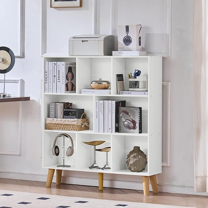 LEYAOYAO 8 Cube Bookshelf, Mid-Century Modern Book Shelf with Legs, White | 3 Tier Bookcase, Rustic Wood Bookshelves Freestanding Large Storage Organizer, Open Shelves for Bedroom, Living Room, Office
