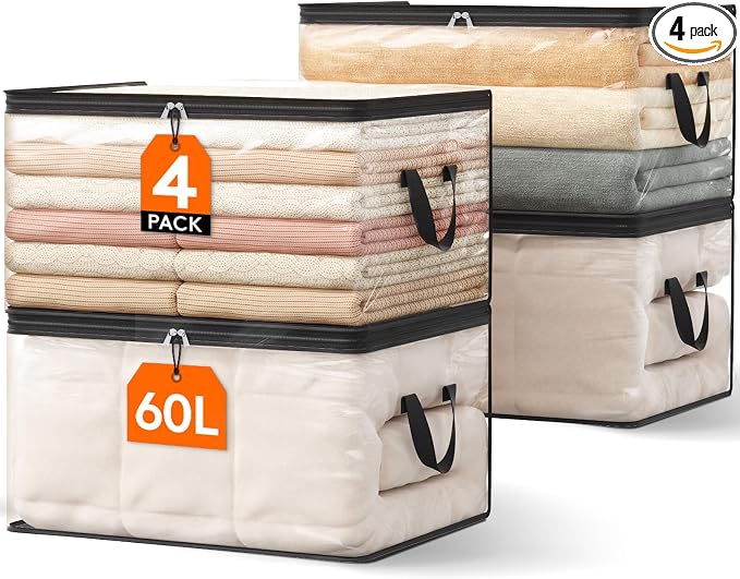 Lifewit 4 Pack Clear Clothes Storage Bags, 60L Plastic Blanket Vinyl Foldable Moving Bags with Zipper, Closet Organizers and Storage Containers for Bedding, Duvet, Pillow