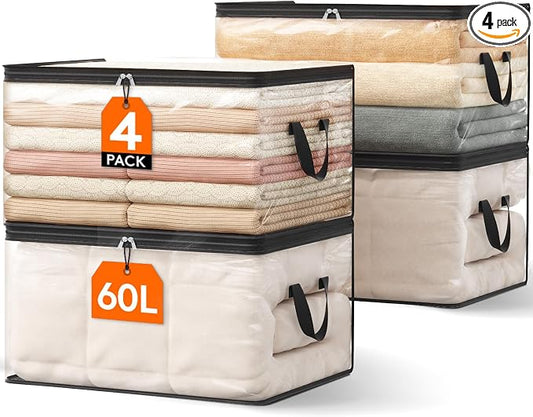 Lifewit 4 Pack Clear Clothes Storage Bags, 60L Plastic Blanket Vinyl Foldable Moving Bags with Zipper, Closet Organizers and Storage Containers for Bedding, Duvet, Pillow