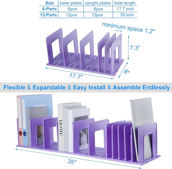 Adjustable Vertical File Sorter Sturdy Plastic Expandable Upright File Holder, Desktop Binder Organizer, School Office File Organizer Bookshelf Divider, Assemble Easily Endlessly, Purple