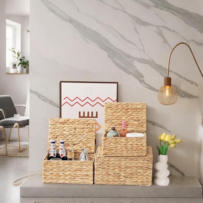 Wicker Storage Baskets with Lids,Multi-size 3 Pack Natural Water Hyacinth Wicker Nesting Baskets,Decorative Storage Ratten Boxes for Organizing,Storage,and Gifts