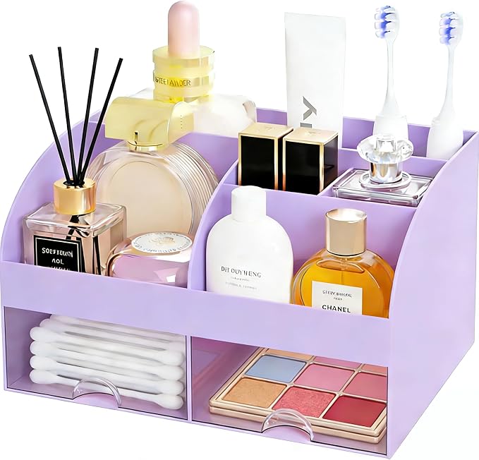 Makeup Organizer with 2 Drawers, Cosmetic Storage for Dresser Vanity and Bathroom Countertop,Make up organization and Skincare Storage with Beauty Brush Holder, Cosmetic Display Case (Purple)
