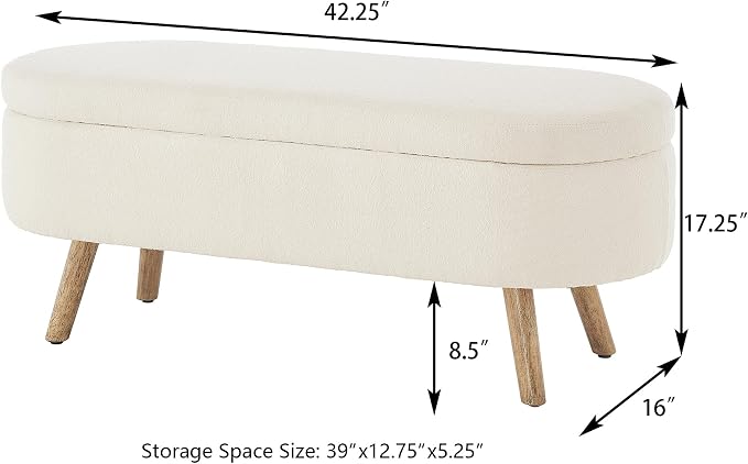 42.25" Ottoman with Storage, Storage Ottoman Bench with Safety Hinge, Boucle End of Bed Bench, Upholstered Entryway Bench for Bedroom, Living Room & Window, Holds up to 330 lb, Ivory