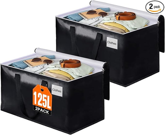 Heavy Duty Moving Bags, Extra Large Storage Bags, 125L, 2-Pack, Black | Foldable, with Zippers, Tag Pocket & Handles, Reusable, Space-saving, Water-Resistant, for moving & storage, Versatile Use