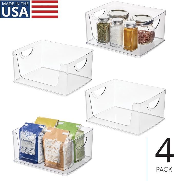 iDesign Stackable Open-Front Storage Bins with Handles, Set of 4, Clear | For Kitchen and Pantry