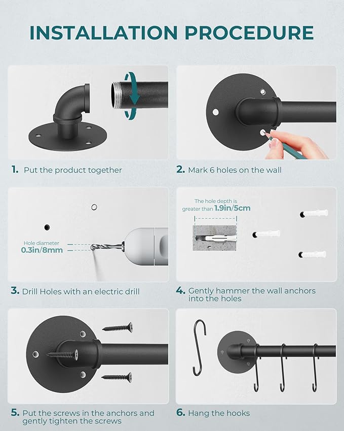 OROPY 21'' Pot Rack Wall Mounted, Iron Pipe Hanging Rack, 10 S Hooks, 2Pack | Industrial Utensils Kitchen Hanging Rail, Pot and Pan Organizer, Pot Lid Organizer, Black
