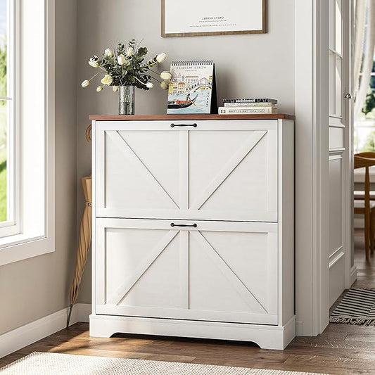Smart FENDEE Shoe Cabinet, Shoe Storage Cabinet for Entryway with 2 Flip Drawers, Narrow Farmhouse Shoe Organizer Cabinet, Slim Shoe Rack Cabinet, White