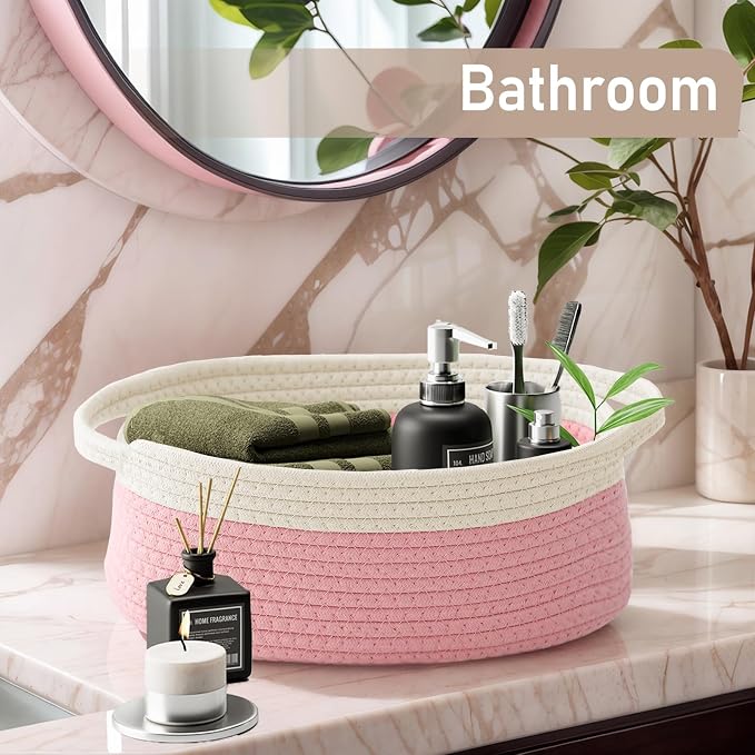 JMvicyroam Small Woven Basket, Empty Gift Basket, White&Pink/1 Pack | Small Gift Basket, Cotton Rope, 12 x 8 x 69 in, Handles, Includes Ribbon and Bag, Birthday Gift Basket