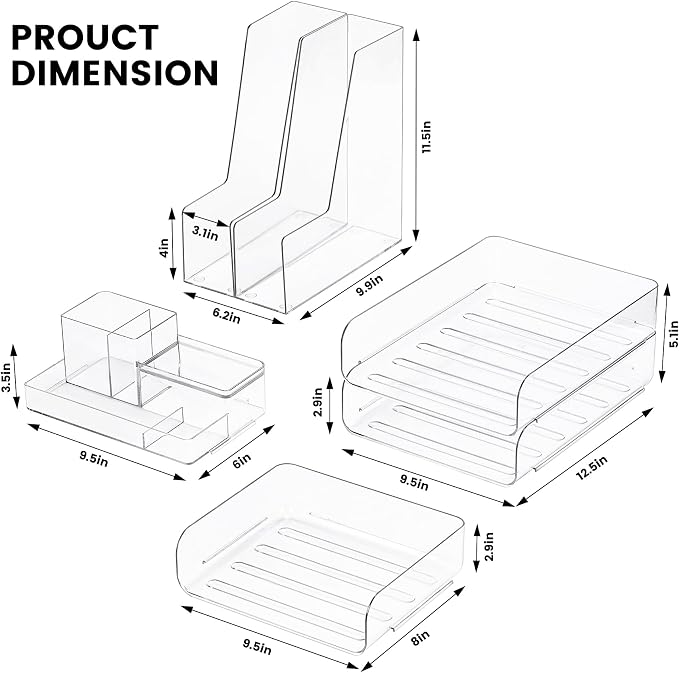 CiWiVOKi Desk Organizer with 2 Vertical File Holder, 4 Tier Stackable Paper Letter Tray File Organizer with 5-Compartments Pen Holder, Clear Desktop Organizer Office Organization and Storage