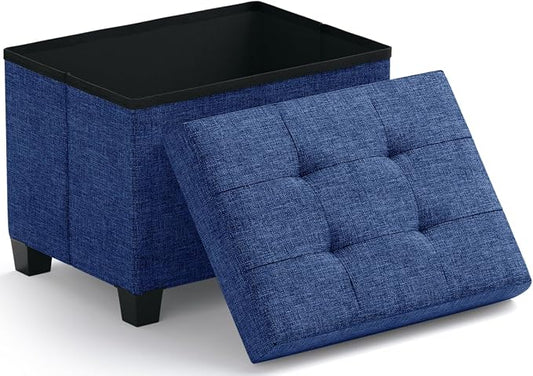 Ornavo Home Small Rectangle Storage Ottoman with Legs, 12x16x12, Navy Blue | Foot Rest Stool Seat; Holds Up to 600 lbs; Ideal for Living Room, Bedroom, Home Office or Dorm