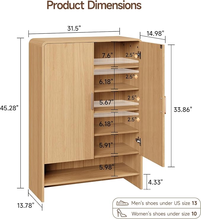 6-Tier Shoe Storage Cabinet, 45'' Large Farmhouse Shoe Cabinet for Entryway, Modern Wooden Shoe Rack Organizer with Doors and Shelves, for Front Door Hallway (Oak)