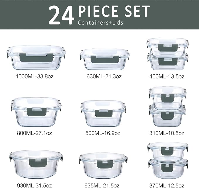 M MCIRCO 24-Piece Glass Food Storage Containers with Upgraded Snap Locking Lids,Glass Meal Prep Containers Set - Airtight Lunch Containers, Microwave, Oven, Freezer and Dishwasher