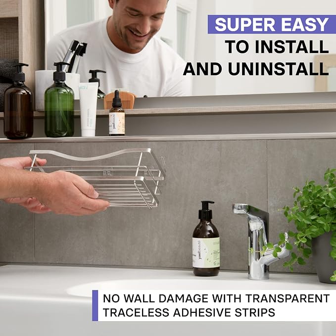 KINCMAX Premium Shower Caddy - Self Adhesive Shower Organizer with 4 Hooks, Rustproof Stainless Steel Shower Rack for Bathroom, Silver