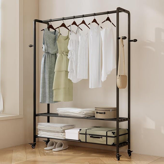 Black Rolling Garment Rack with Shelves and Hooks,Freestanding Metal Clothing Rack with Wheels,Modern Clothes Hanging Rack for Bedroom,Closet,Boutique Display
