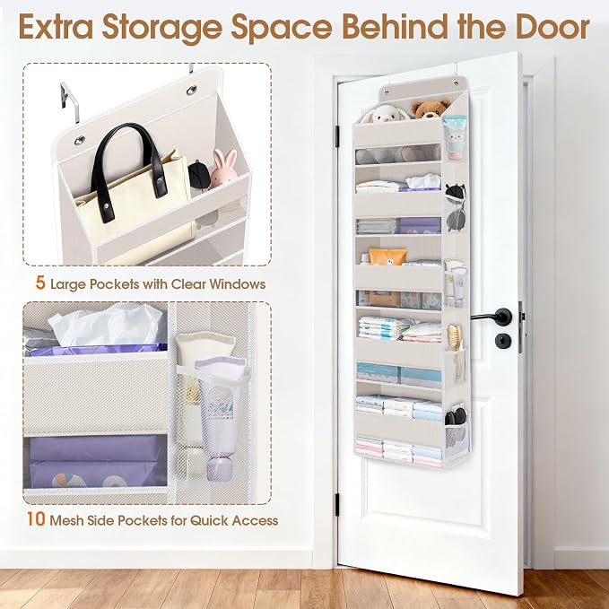 Over The Door Organizer Storage behind Door Hanging Organizer for Nursery | 5 Tier, 10 Side Pockets, Clear Window, Sturdy Construction, Space-Saving Storage for Closet, Bedroom, Bathroom & Nursery