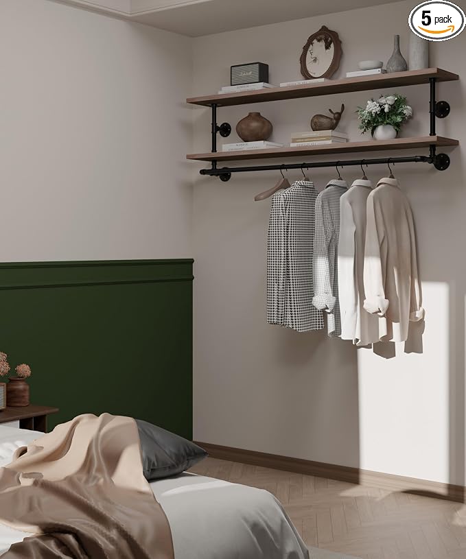 Clothes Rack 60in, 2-Tier Wall Mounted Garment Rack with Real Wood Shelf, Heavy Duty Hanging Clothes Rack, Multi-Purpose Hanging Rod, Space-Saving Closet Storage