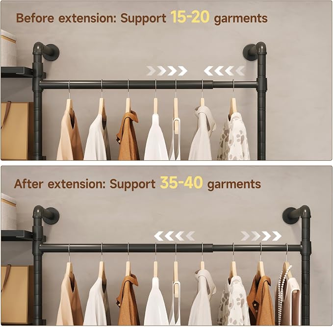 T3 Closet System with Stepless Dimmable LED Light, Industrial Pipe Clothing Rack with 4 Drawers, 6 Wooden Shelves & 4 Telescopic Rods, Heavy Duty Closet Organizers in Wardrobe Closet (Black)