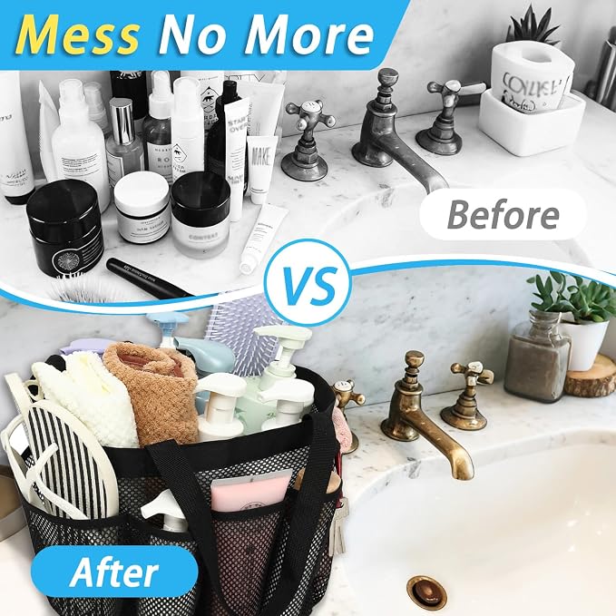 Fammart Mesh Shower Caddy Portable for College Dorm Room Essentials, Odorless Polyester Large Shower Tote Bag with Dual Handles, 8-Pocket Quick-Dry Toiletry Organizer for Travel, Beach, Camping, Gym