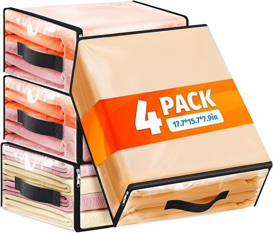 SpaceWhisper Clear Sheet Storage Bags, 4 Pack, 17.7 x 15.7 x 7.9 in | Sheet organizers and storage, zippered closure, thick plastic, reinforced handles, clothes, blankets, under-bed storage