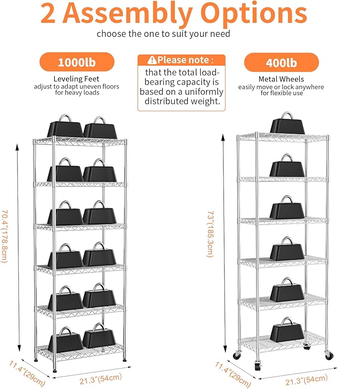 6-Tier Wire Shelving Unit,Metal Shelf Racks with Lockable Wheels,Chrome | 21.3" Wx11.4 Dx73 H,Height Adjustable Storage Shelves for Narrow Space/Laundry/Bathroom/Kitchen/Pantry/Closet