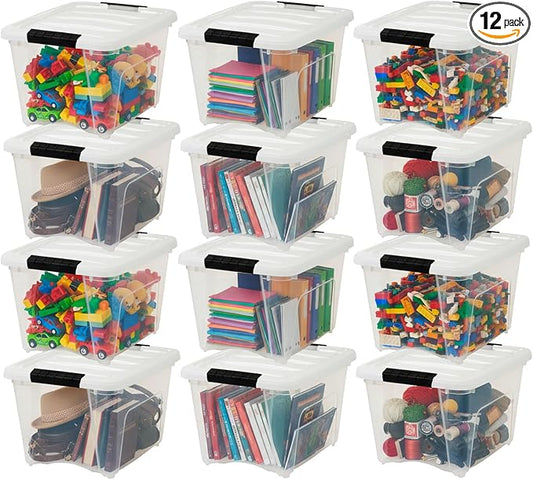 IRIS USA 19 Qt Stackable Plastic Storage Bins with Lids, 12 Pack - BPA-Free, Made in USA - See-Through Organizing Solution, Latches, Durable Nestable Containers, Secure Pull Handle - Clear/White