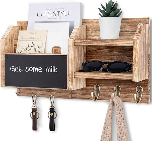 Lwenki Mail and Key Holder – Wall Mount Key Hanger with Shelf and 7 Metal Hooks – Decorative Natural Paulownia Wood Entryway Organizer with Mounting Hardware (16.5”W x 8.7”H x 3.5”D) (Wood)