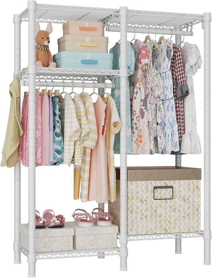 F1 Garment Rack for Kids, 4 Tiers Closet System Hold 410lbs, White | Clothing Rack for Baby and Children's Room, Small Freestanding Clothes Racks with 2 Hanger Rods, 31.2"W x 11.8"D x 48"H