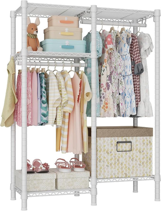 F1 Garment Rack for Kids, 4 Tiers Closet System Hold 410lbs, White | Clothing Rack for Baby and Children's Room, Small Freestanding Clothes Racks with 2 Hanger Rods, 31.2"W x 11.8"D x 48"H